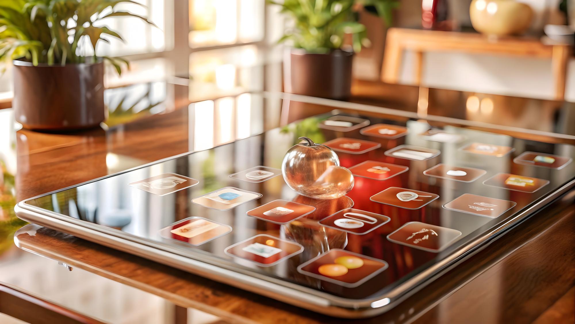 Clean culinary workspace with plated dishes and digital tablet